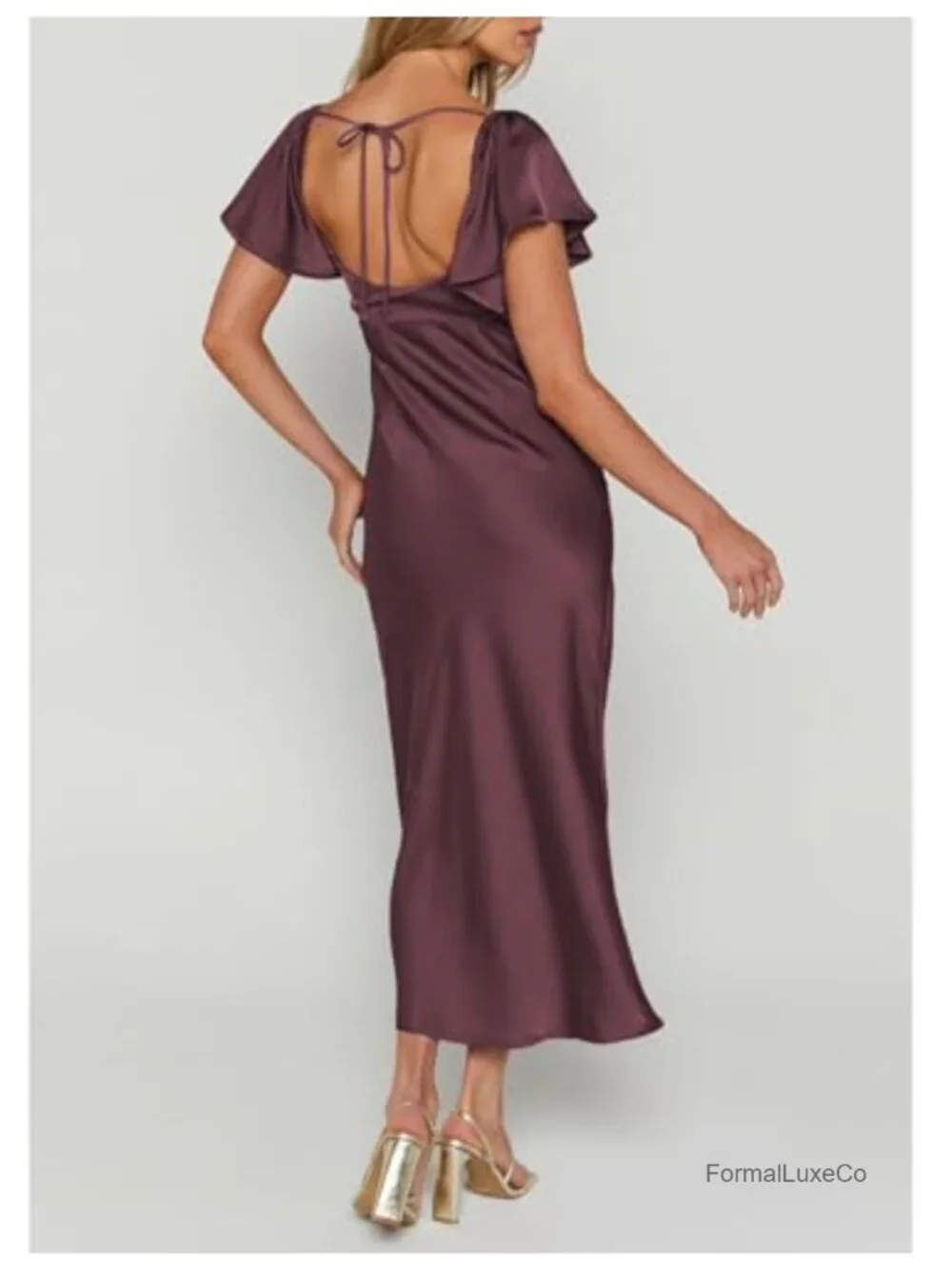 Satin Midi Dress Flutter Sleeve Sweetheart Cutout Ruched Open Back Wedding Guest